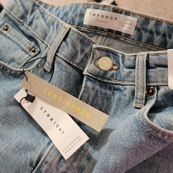 Topshop High Waist Raw Hem Straight Leg Crop Jeans Bleach Wash US 6 W 28 New - Picture 3 of 7